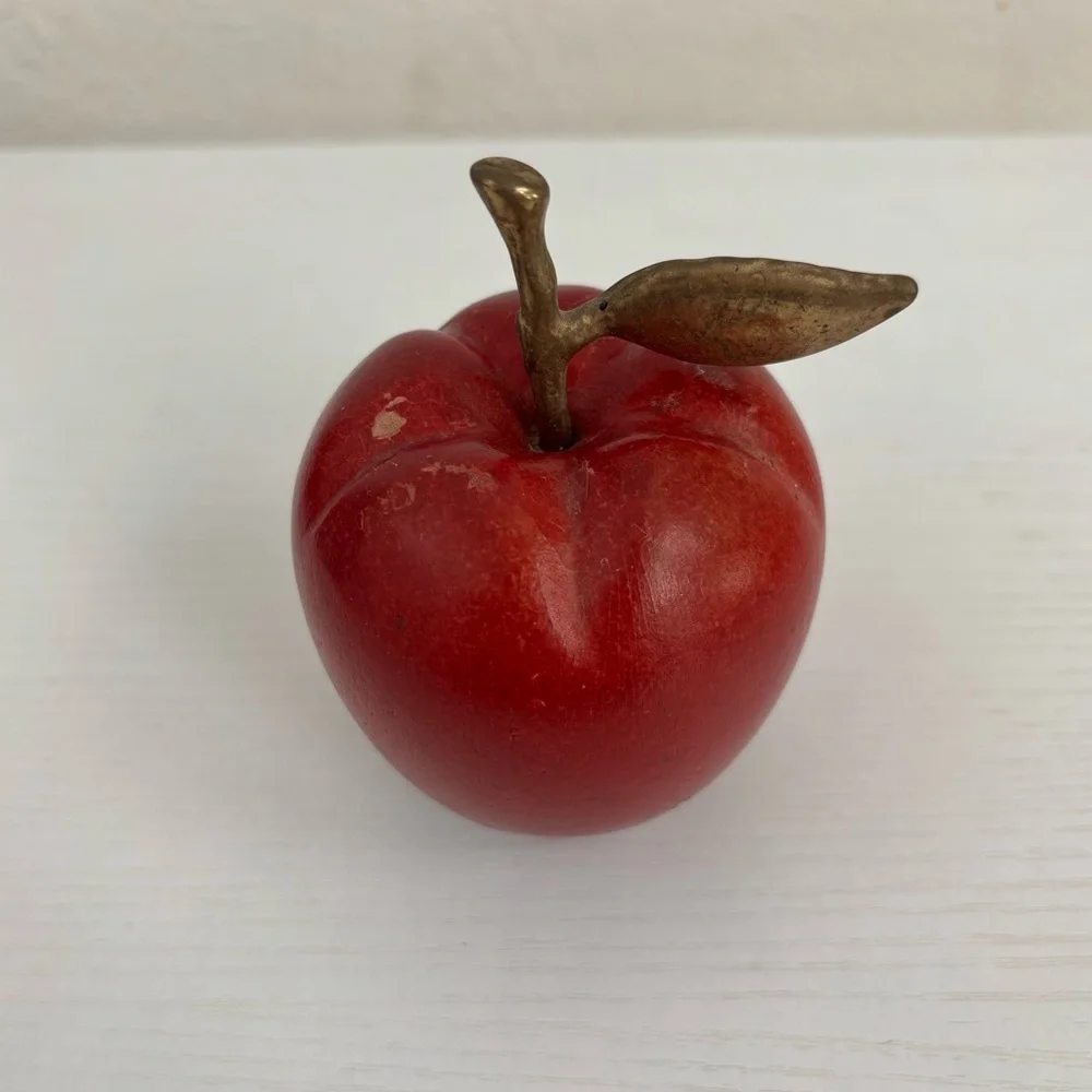 Vintage Brass & Wooden Red Apple with Stem and Leaf